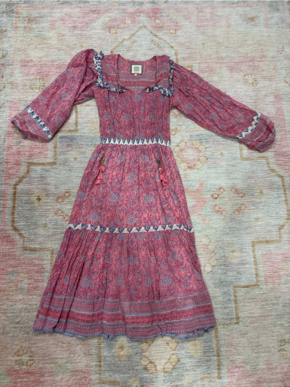 HUNTER BELL Pink Floral Midi Dress with Blue Trim